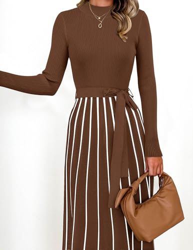 ZESICA Womens 2026 Spring Turtleneck Long Sleeve Sweater Dress Tie Waist Casual Loose Ribbed Knit A Line Midi Dresses