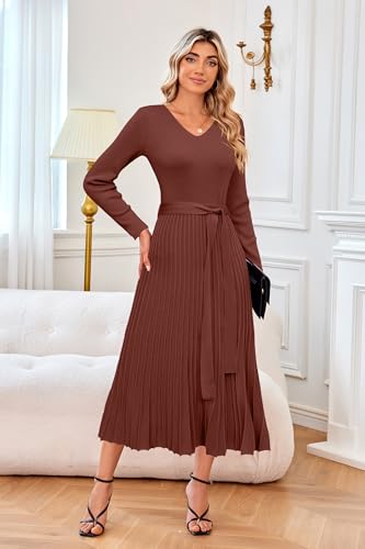 Arach&Cloz Women's Wool Blend Tie Waist Pleated Fall Sweater Dress 2025