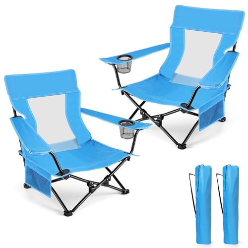 HaSteeL Folding Beach Chair Set of 2, Foldable Blue Camping Chairs for Outside, Low Beach Chair Portable for Adults Fishin...
