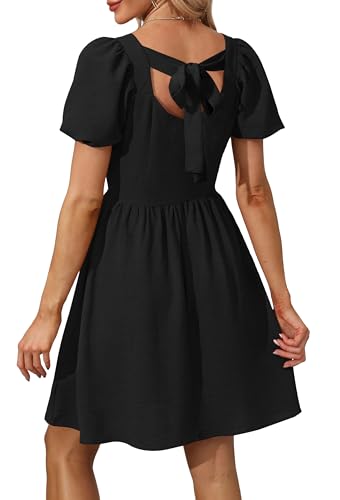 OFEEFAN Women Puff Sleeve Square Neck Tie in Back Dresses with Zipper
