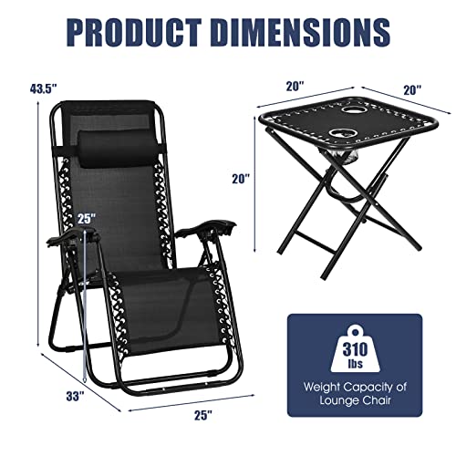 Goplus Zero Gravity Chair Set, 3 Pieces Outdoor Lounge Chair Recliners w/Side Table, Headrest and Cup Holders, Adjustable ...