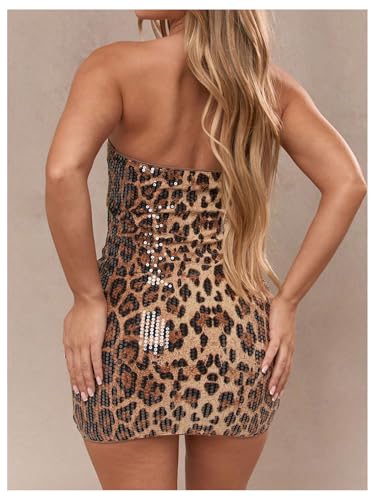 Floerns Women's Y2k Mini Dress Cheetah Sequin Strapless Tube Date Night Bodycon Dresses