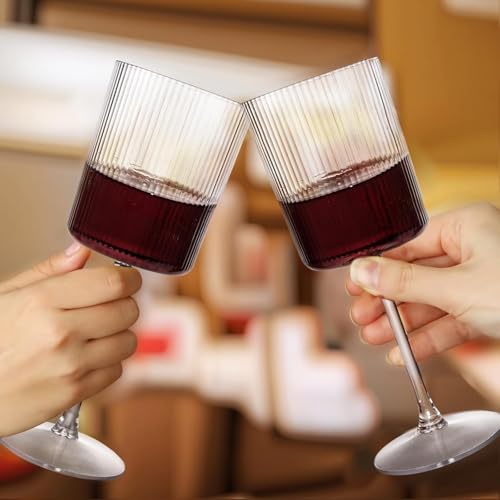 Ciaell 12 PCS Plastic Ribbed Wine Glasses - 10 OZ Plastic Square Wine Glasses with Stem - Disposable Champagne Cups for Pa...