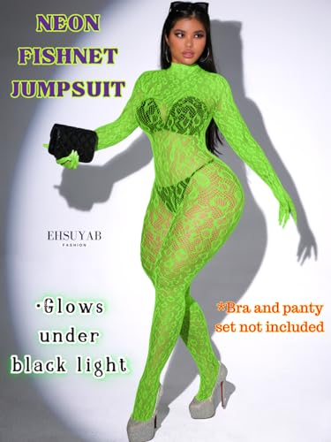 EHSUYAB Sexy Lace Leopard Jumpsuit For Women, Fishnet Bodysuit Glow Party Club, Poster One Piece Mesh Full Body Rave Outfits