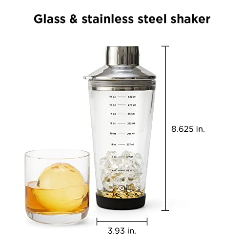 Rabbit 18 oz Glass Cocktail Shaker with Printed Measurements, Multi-Use Stainless Steel Topper with 1.5 oz Jigger Cap and ...