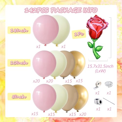 142Pcs Pink and Yellow Balloon Arch Kit, Pastel Pink Yellow Light Brown Metallic Gold Balloons with Red Rose Foil Balloon ...