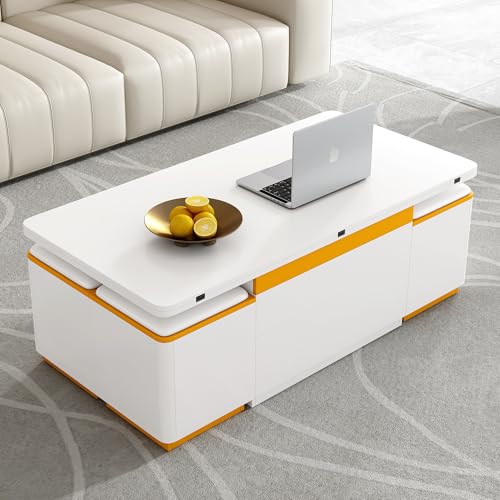 HomVent 47.72" Lift-Top Coffee Table, Wood Coffee Tables with 4 Storage Stools, Modern Couch Side Table, Space Saving Center Cocktail Table with Foldable Top for Living Room Bedroom
