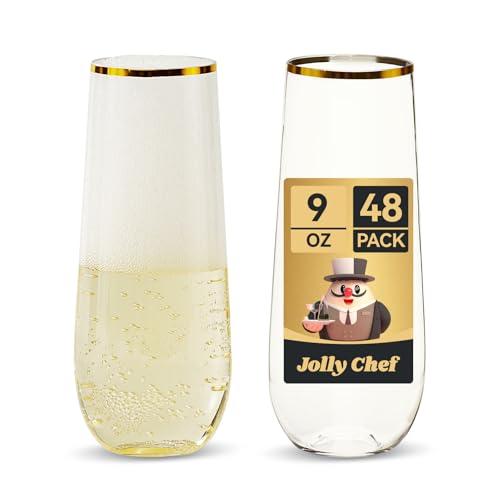JOLLY CHEF 48 Pack Plastic Champagne Flutes, 9 oz Gold Stemless Champagne Flutes, Plastic Champagne Glasses, Shatterproof ...