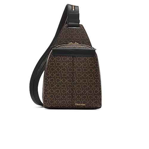 Calvin Klein Women's Millie Backpack for Women ? Vegan Leather Monogram Backpack, 2 Pockets, Brown/Khaki/Black, One Size