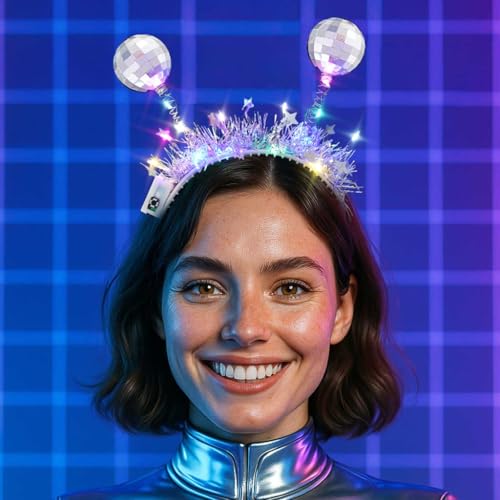 DRESBE Light Up Disco Ball Headbands Silver LED Alien Headband Glow Party Hair Accessories for Women(2pcs)