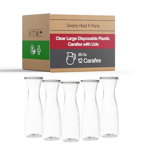 35 oz Clear Plastic Drink Servers with Lids (12 Piece Set) – Disposable Carafe for Juice & Carafes for Mimosa Bar – Sangri...