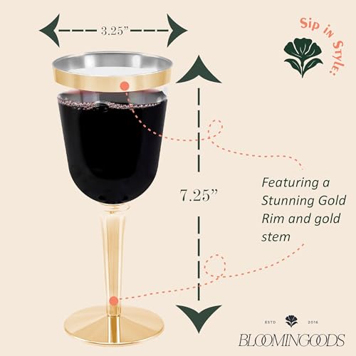 BloominGoods Disposable Wine Glasses With Stem, 10 Oz. Gold Rim Plastic Wine Glasses For Parties, Weddings, Large Clear Wi...