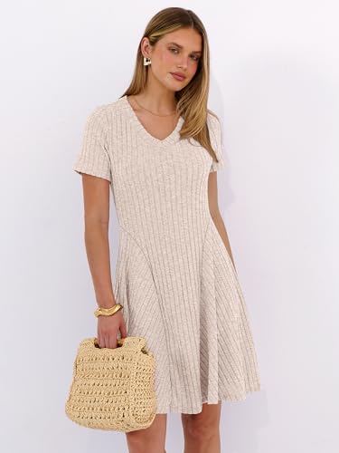 ANRABESS Womens Summer Dresses Casual Short Sleeve Ribbed Knit V Neck Swing A-Line 2026 Spring Vacation Tunics Short Dress