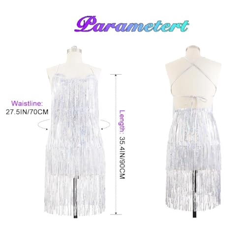 EARENT Sequin Silver Dress Sparkly Dance Tassel Rave Outfits Disco Fringe Dance New Year Eve Dresses for Women (US, Alpha,...