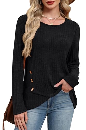 XIEERDUO Tunic Sweaters for Women Long Sleeve Shirts Crew Neck Tops with Buttons Fall Fashion Outfits Winter Clothing