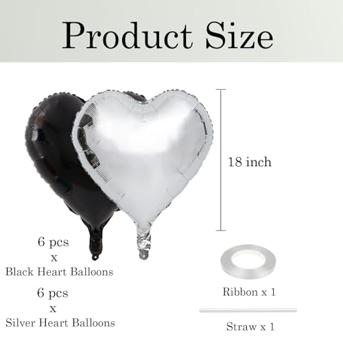 18 Inch Black Silver Heart Balloons, 12 Pcs Heart Foil Mylar Balloons, Black Silver Birthday Decoration, Heart Shaped Ball...