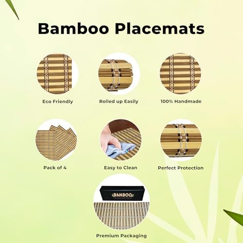 Bamboo Essentials Bamboo Placemats 4 Pack Heat-Resistant, Non-Slip Lightweight & Portable for Dining/Picnics Made for Any ...
