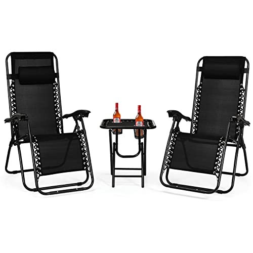 Goplus Zero Gravity Chair Set, 3 Pieces Outdoor Lounge Chair Recliners w/Side Table, Headrest and Cup Holders, Adjustable ...