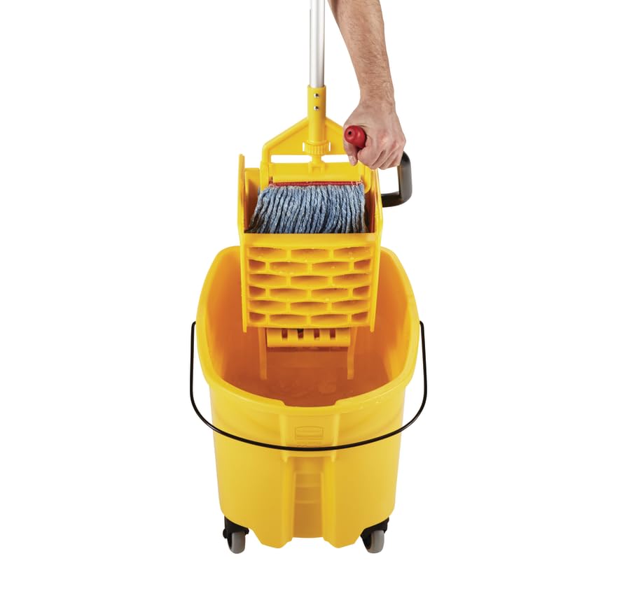 Rubbermaid Commercial Products WaveBrake 35 Qt. Side-Press Mop Bucket and Wringer Combo on Wheels Yellow for Professional/Industrial/Business Heavy-Duty Floor Cleaning/Mopping