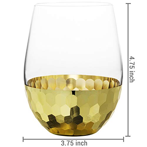 MyGift Modern Stemless Champagne Flute Glass Set of 4 Party Drinkware, Cocktails Prosecco Mimosa Glasses with Hammered Bra...