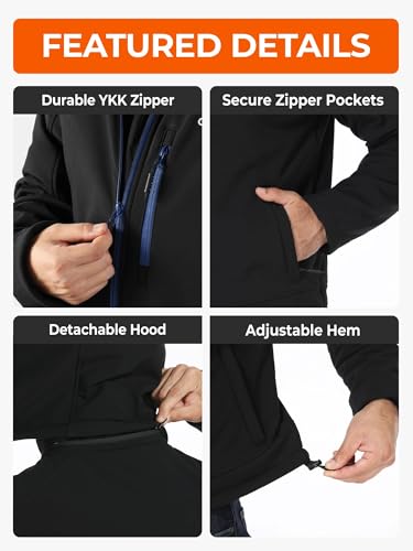 ORORO Men's 4 Heat-Zone Heated Jacket with USB-C Rechargeable Battery, Soft Shell Heated Jacket with Detachable Hood