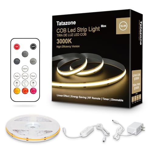 Tatazone White COB Led Strip Lights Max with RF Remote, 16.4ft 3000K Dimmable Ultra Bright Warm White COB Light Strip, Adh...