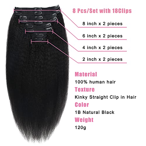 Kinky Straight Human Hair Clip in Extensions 120g Full Head Clip ins for Women 100% Unprocessed Brazilian Virgin Human Hair Yaki Straight Clip ins Remy Hair Natural Black 8Pcs 18Clips 22inch