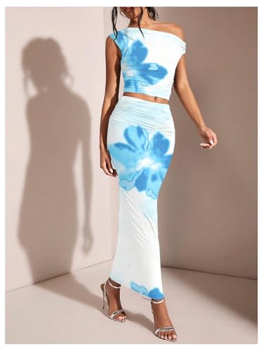 WDIRARA Women's 2 Piece Outfits Floral Print One Shoulder Crop Top Bodycon Ruched Maxi Skirt Set