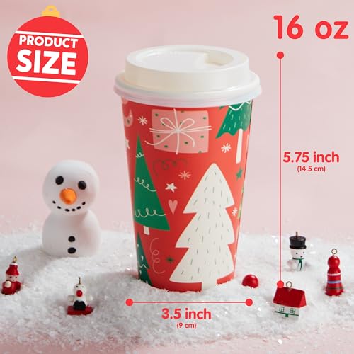 JOYIN 48 Pcs Merry Christmas Disposable Cups with Sleeves and Lids, 8 Designs Xmas Drinkware 16 oz Paper Cup For Hot Choco...