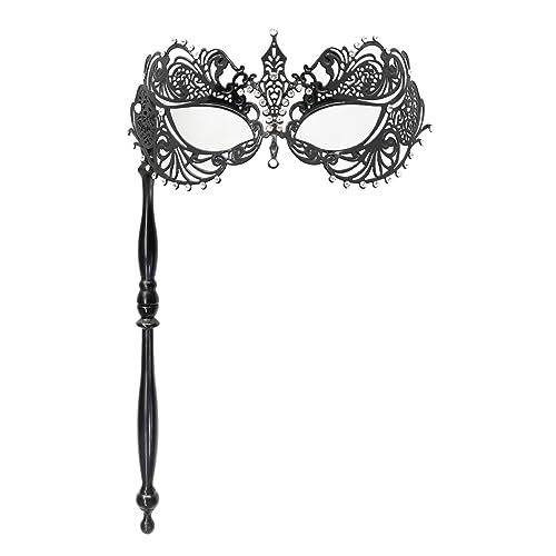 Thmyo Venetian Halloween Mardi Gras Party Mask with Holding Stick, Carnival Handheld Metal Feather Rhinestone Masquerade Mask