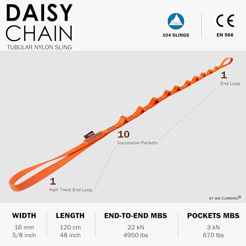 GM CLIMBING 16mm Nylon Daisy Chain Sling 22kN 120cm / 48in CE UIAA Certified for Leading Aid Climb Ascender Rigging Hammoc...