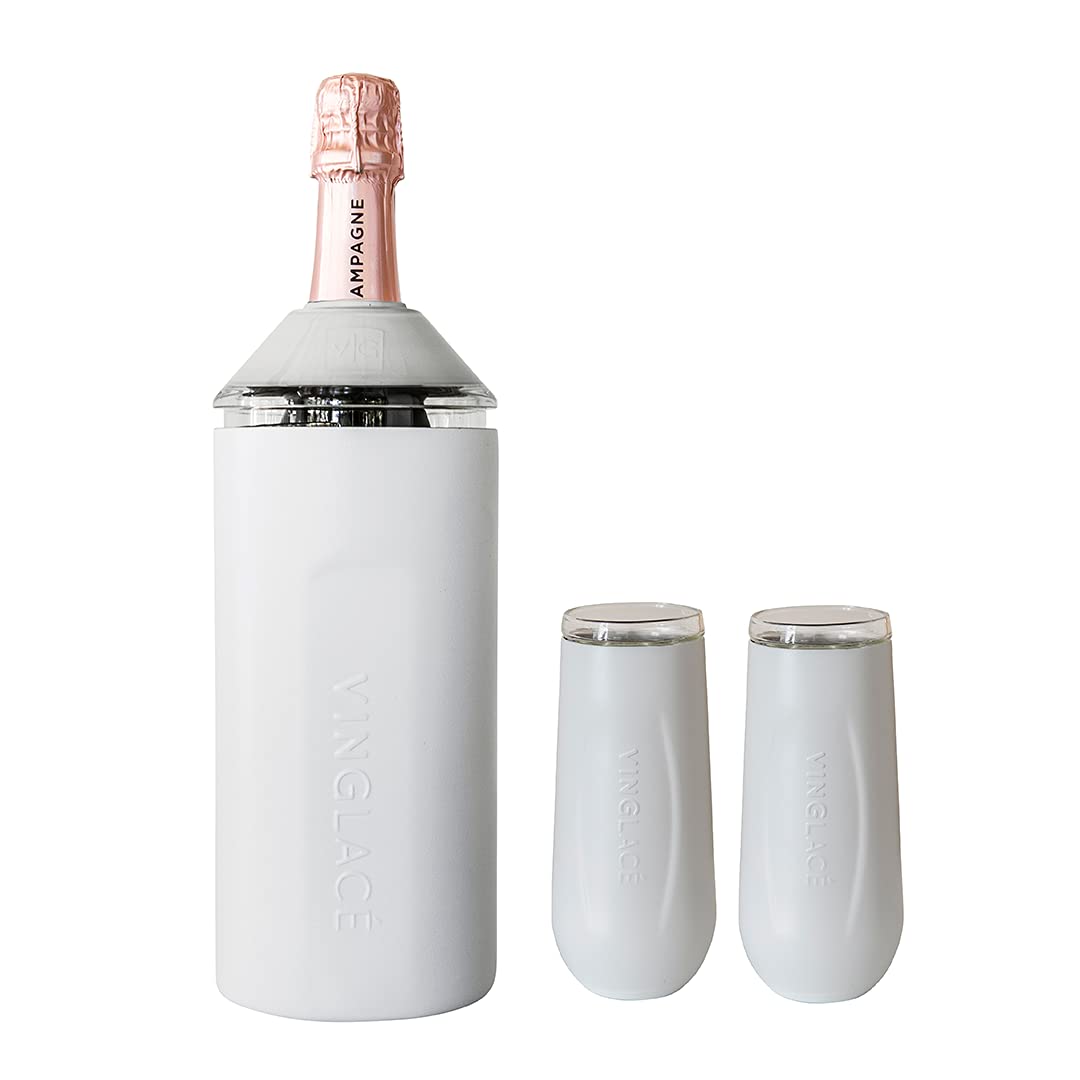Vinglacé Champagne Bottle Chiller Gift Set- Portable Stainless Steel Sparkling Wine Cooler with 2 Stemless Champagne Flutes, White