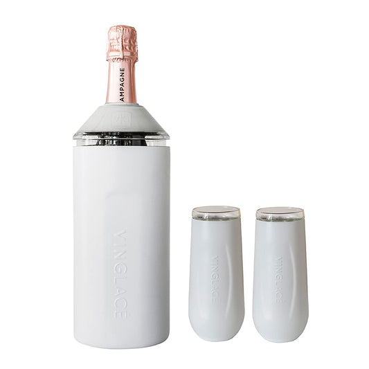 Vinglacé Champagne Bottle Chiller Gift Set- Portable Stainless Steel Sparkling Wine Cooler with 2 Stemless Champagne Flutes, White