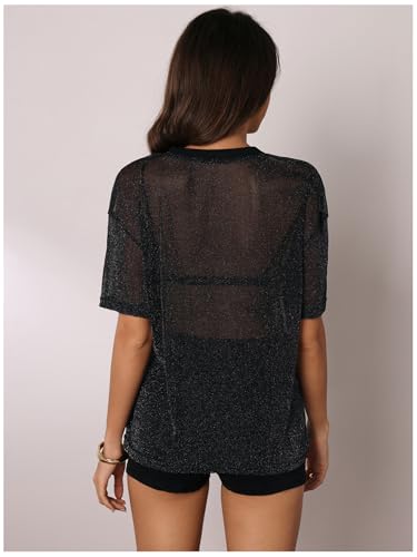OYOANGLE Women's Sparkle Glitter Sheer See Through Top Short Sleeve Loose Casual Shiny Tshirt Mesh Shirt Blouse