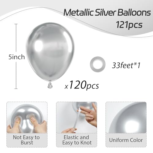 Awenztech 120pcs 5 inch Metallic Silver, Small Chrome Silver Latex Balloons for Graduation Wedding Baby Shower Disco Birth...