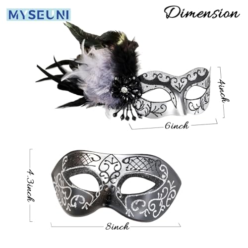 MYSEUNI Silver Masquerade Mask for Couples -Masquerade Masks for Women with Feathers & Venetian Half Mask Halloween for Ma...