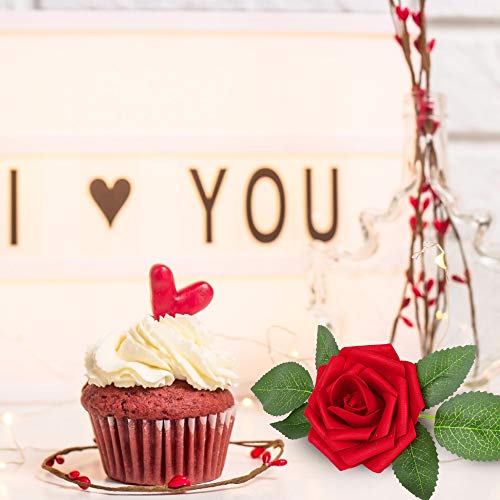 AmyHomie Artificial Flower Dark Red Rose 25pcs Real Looking Fake Roses w/Stem for DIY Wedding Bouquets Centerpieces Arrang...
