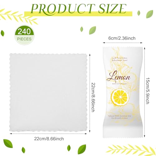 VitalCozy 240 Pcs Moist Cotton Towel Moist Towelettes Individually Wrapped Scent Disposable Face Towel 8.6'' x 8.6'' Hot/Cold Moistened Cleansing Wipes, Lemon Tea Tree and Lavender Scent (White)