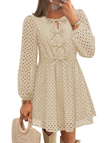 ZESICA Women's Long Sleeve Mini Dress 2026 Fall Crewneck Tie Front Hollow Out Eyelet Babydoll A Line Short Dresses