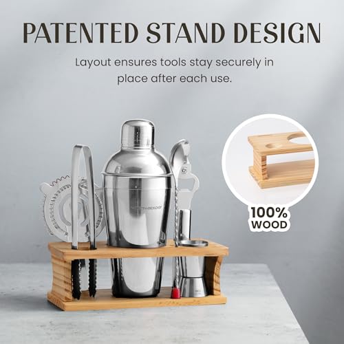 Modern Mixology Cocktail Shaker Set - 8 Piece Bartender Kit on Quality Pine Stand | Complete Cocktail Kit Gift Set | Top B...