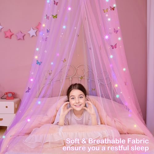 FIOBEE Bed Canopy for Girls Room Bed Canopy Curtains with Led Lights Mosquito Net DIY Princess Room Décor with Stars Butte...