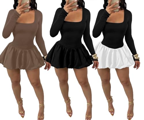 Vakkest Women's Square Neck Mini Bubble Dress Long Sleeve Cute Elegant Patchwork Cocktail Party Y2k Clubwear Dresses