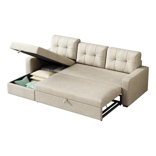 YOPTO L-Shape Reversible Sectional Sleeper Sofa Bed 4 in 1 Pull Out Couch with Storage Chaise & Removable Back Cushions,Convertible Sleeper Corner Couch Pull-Out Sofa Bed for Living Room,Office