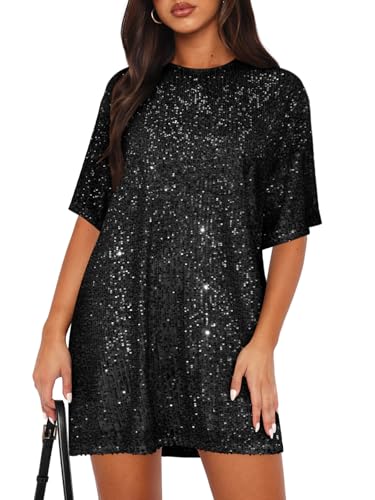 MIYIEONZ Women's Crew Neck Sequin Dress for Women Sexy V Neck Shirt Dress Sparkly Half Sleeve Loose Party Club Cocktail Dress