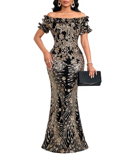 dasmzper Women Sexy Sequin Off Shoulder Ruffle Short Sleeve Bodycon Mermaid Party Formal Evening Maxi Dress