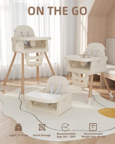 EverKiddo Baby High Chair for 6 Months+, Foldable High Chairs for Babies and Toddlers, Convertible Toddler Chair, Adjustab...