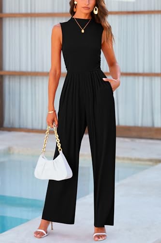 PRETTYGARDEN Womens Summer Jumpsuits Dressy Casual One Piece Outfits Sleeveless Mock Neck Wide Leg Pants Rompers with Pockets