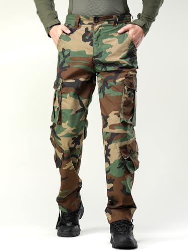 AKHIKING Men's Camo Cargo Work Pants Ripstop Lightweight Wild Army Military BDU Outdoor Trousers with 8 Pocktets (No Belt)