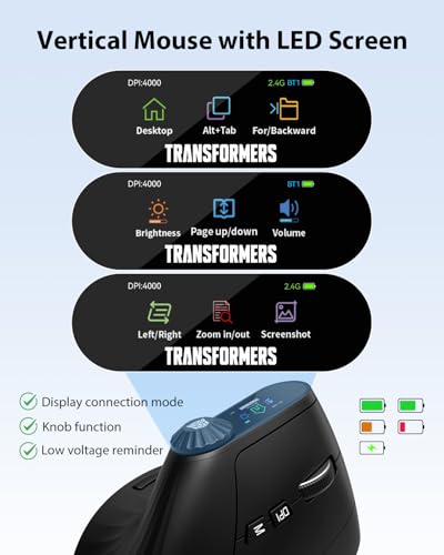 Transformers Vertical Ergonomic Mouse with LED Screen & Knob Control, Rechargeable Vertical Mouse Wireless, 3-Device Conne...