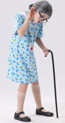 qnprt 100 Days of School Costume 100th Old Lady Costume for Kids Girls Grandma Dress Up